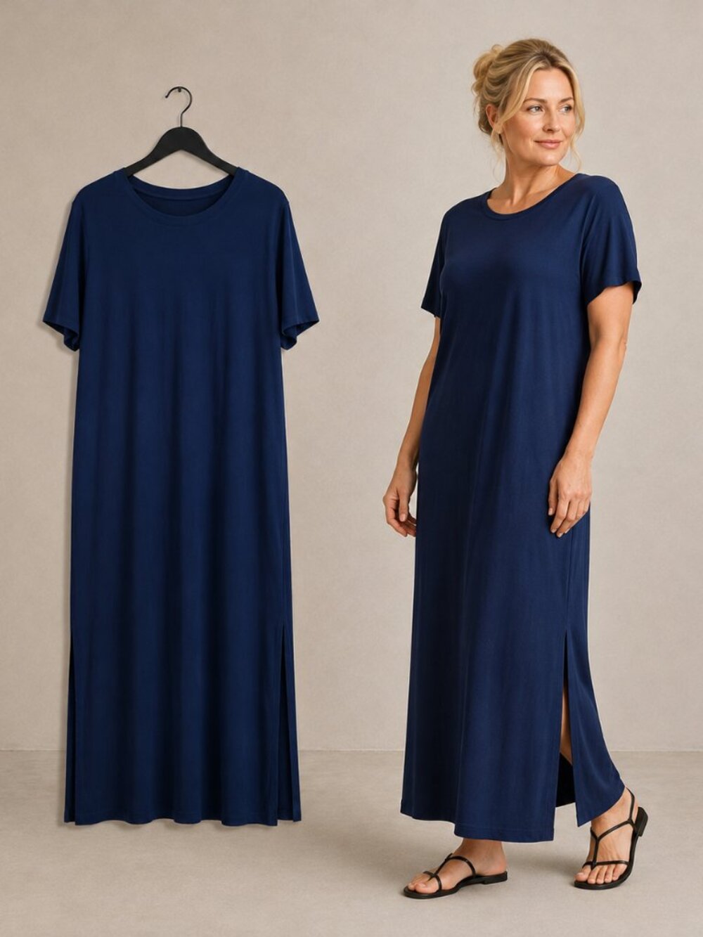EileenFisher Navy Organic Cotton SideSlit Maxi Dress XL Casual Beach Work Resort